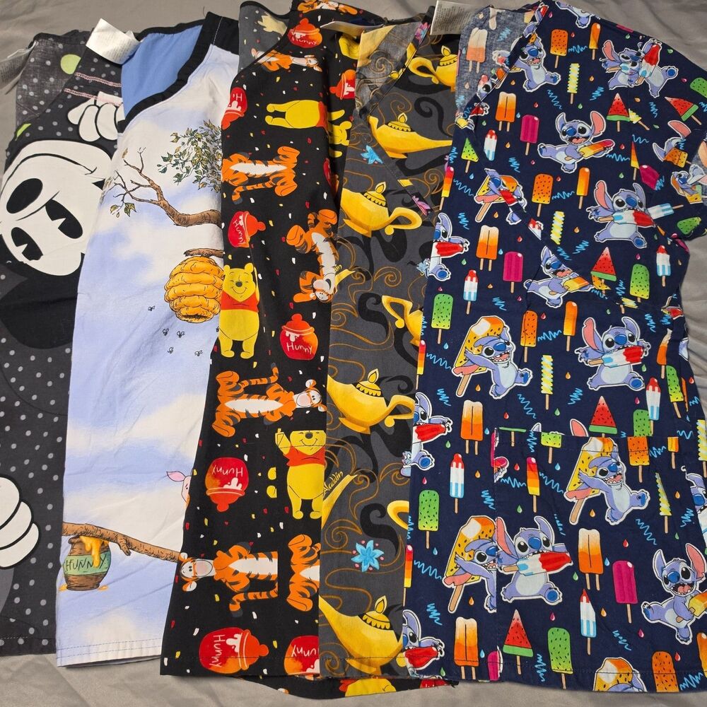 Lot of 5 Disney Scrubs Tops S Stitch Aladdin Pooh Tigger Mickey Mouse